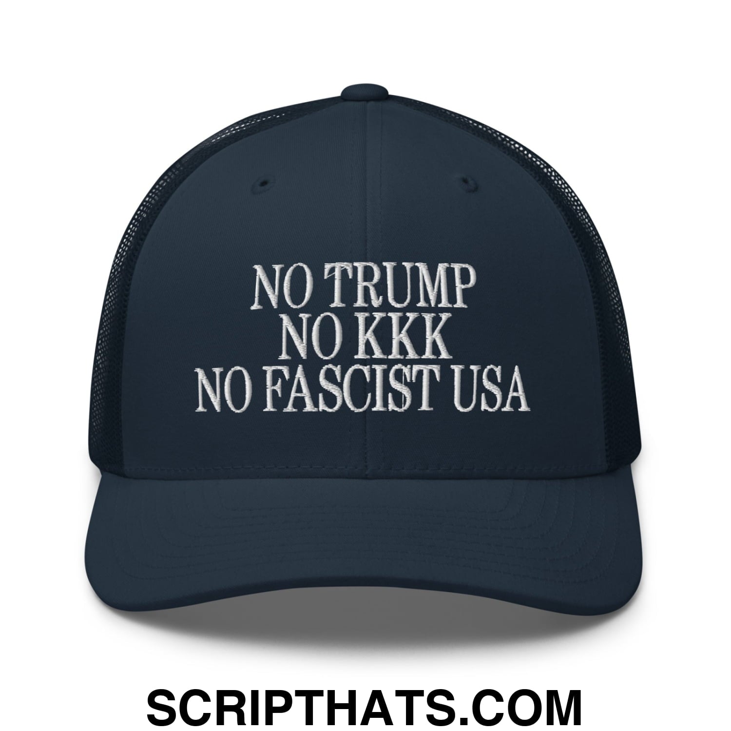 No Trump, No KKK, No Fascist USA Embroidered Retro Mesh Trucker Hat Navy