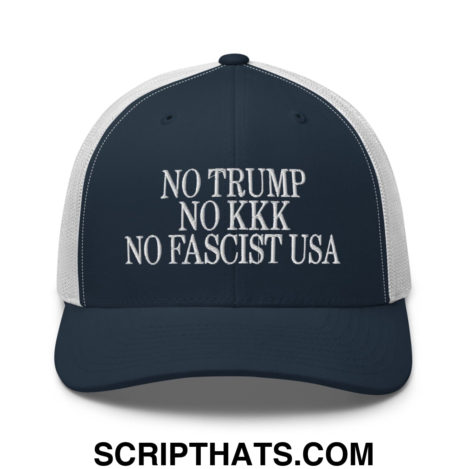 No Trump, No KKK, No Fascist USA Embroidered Retro Mesh Trucker Hat Navy White