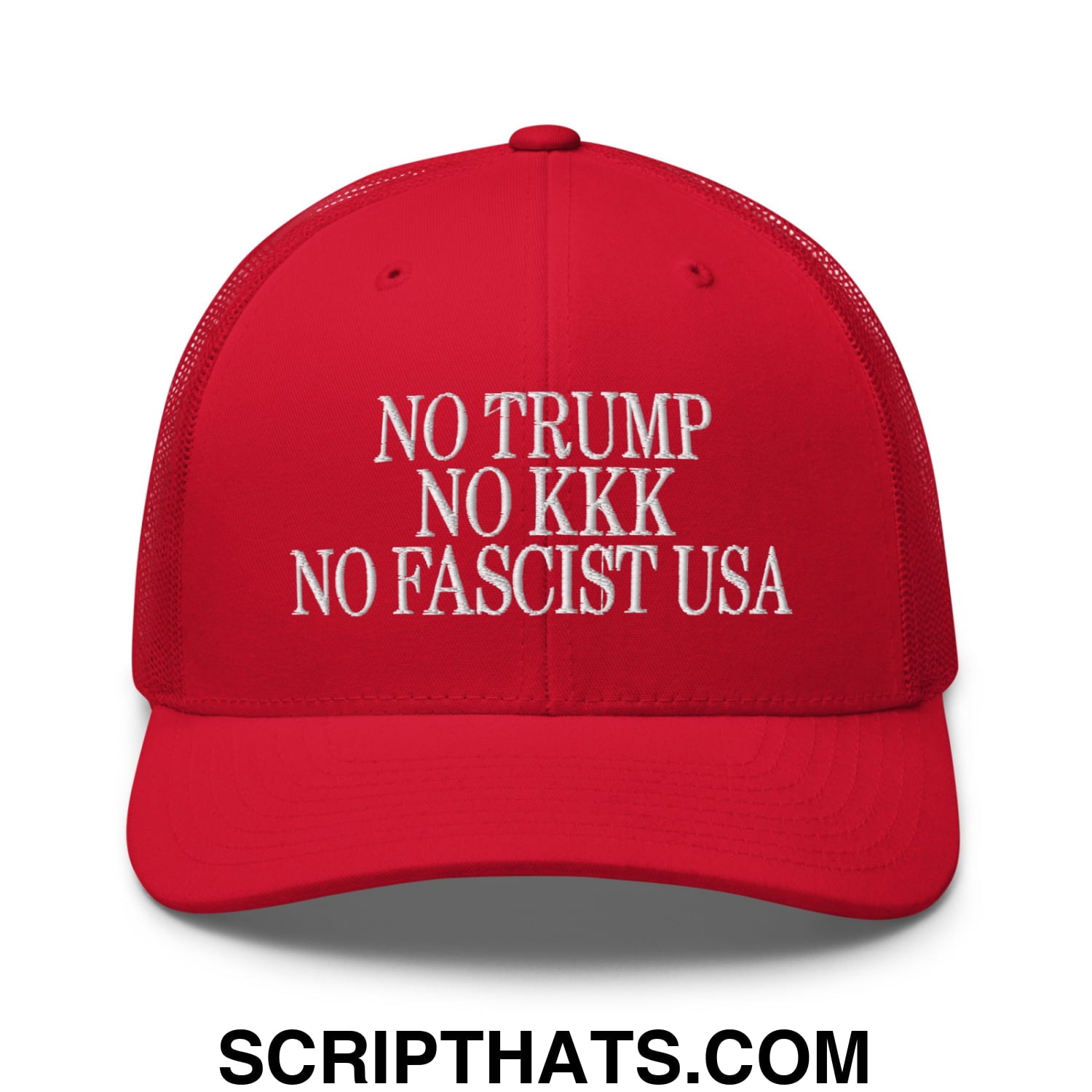 No Trump, No KKK, No Fascist USA Embroidered Retro Mesh Trucker Hat Red