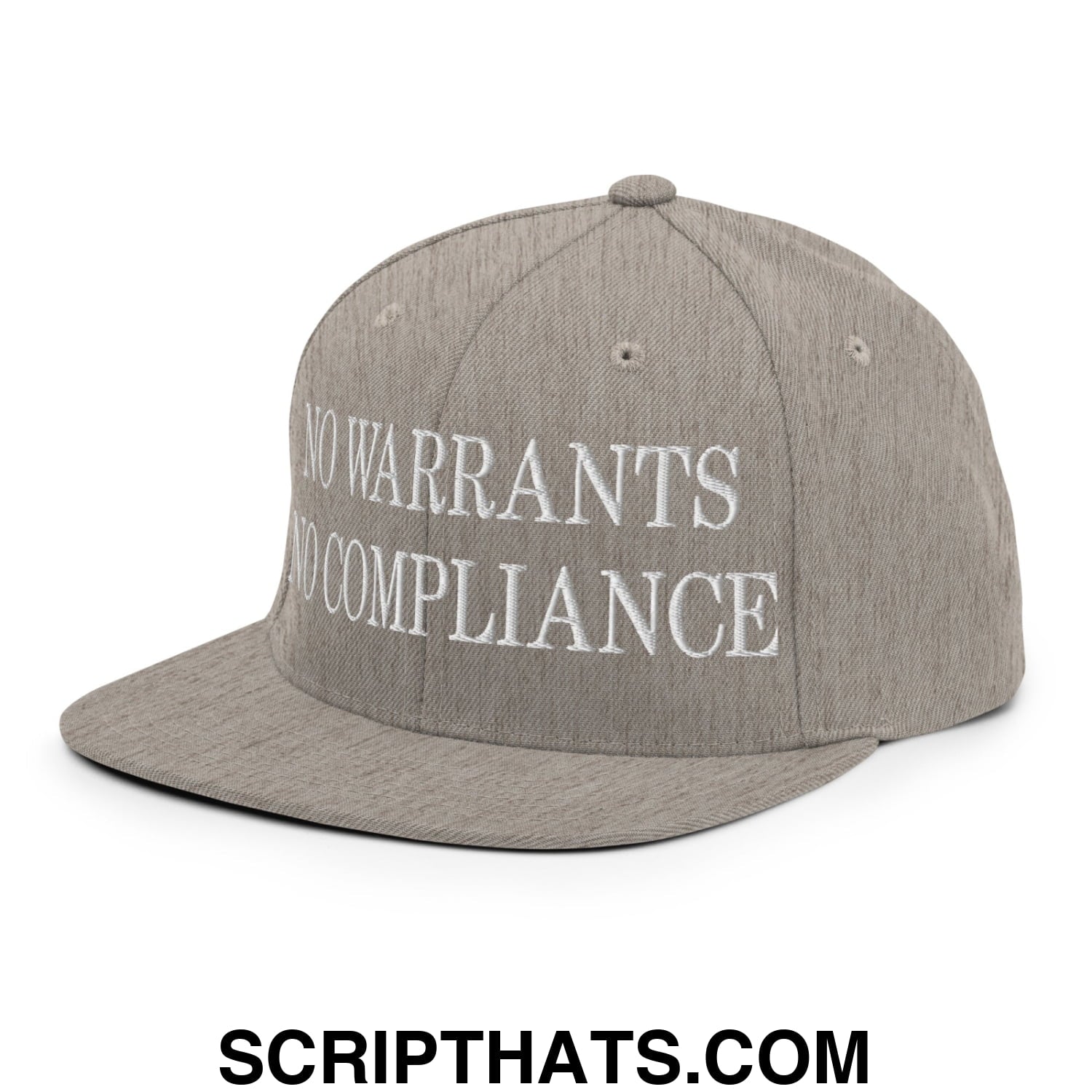 No Warrants No Compliance Embroidered Flat Bill Brim Snapback Hat Heather Grey