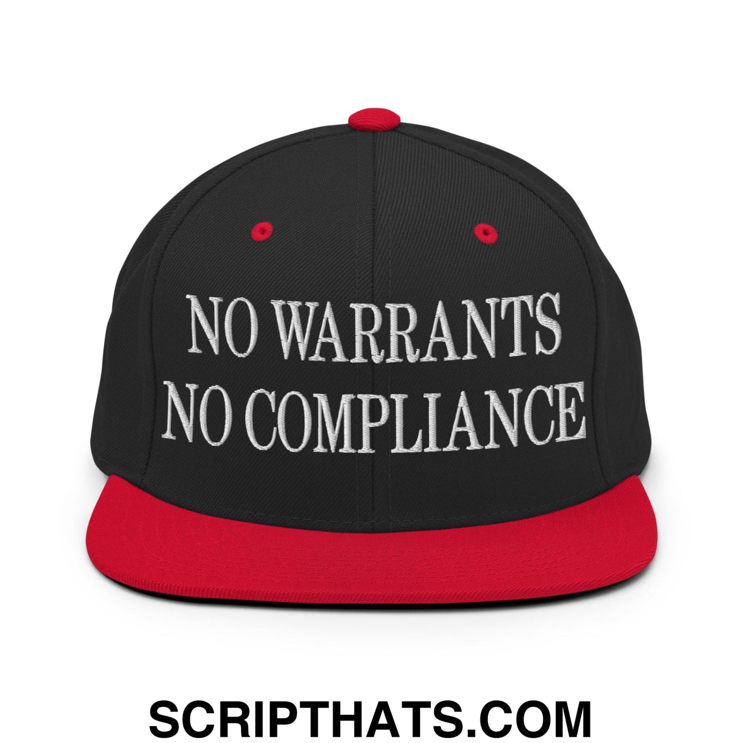 No Warrants No Compliance Embroidered Flat Bill Brim Snapback Hat Black Red