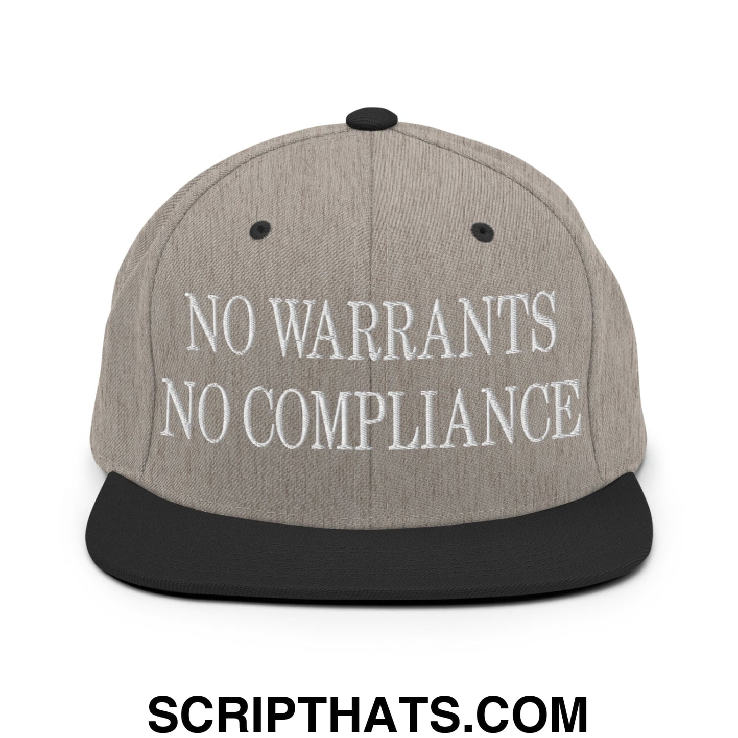 No Warrants No Compliance Embroidered Flat Bill Brim Snapback Hat Heather Black