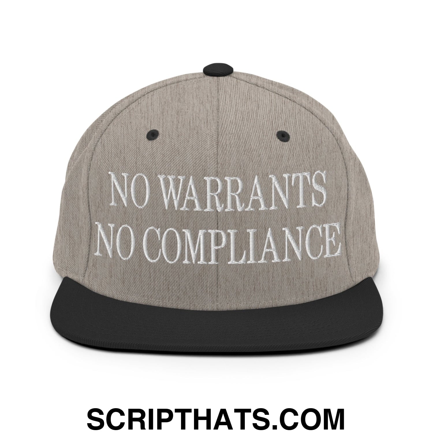 No Warrants No Compliance Embroidered Flat Bill Brim Snapback Hat Heather Black