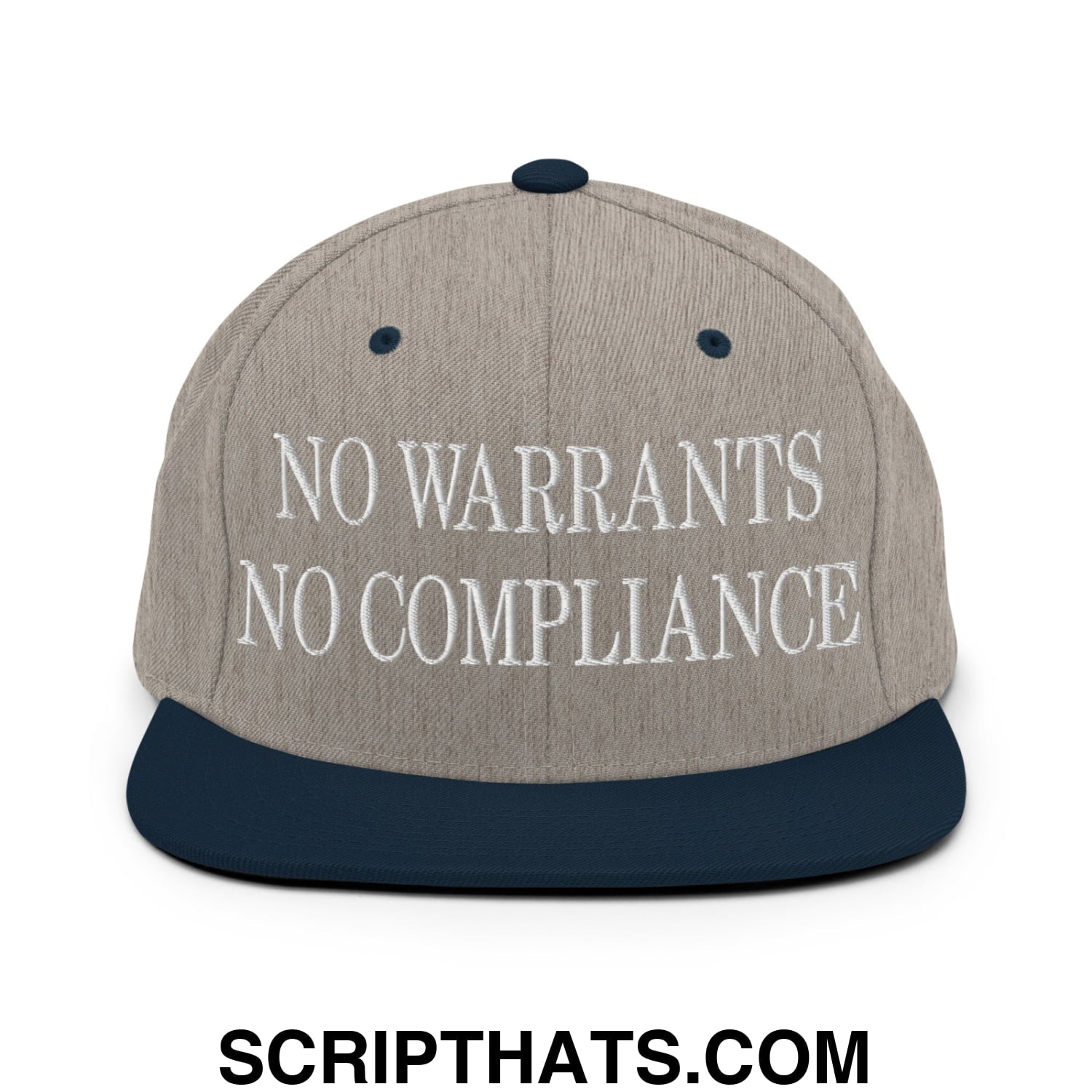 No Warrants No Compliance Embroidered Flat Bill Brim Snapback Hat Heather Grey Navy