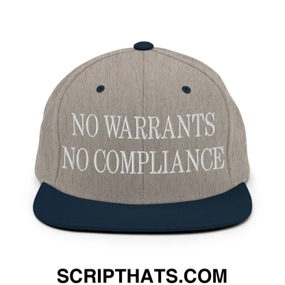 No Warrants No Compliance Embroidered Flat Bill Brim Snapback Hat Heather Grey Navy