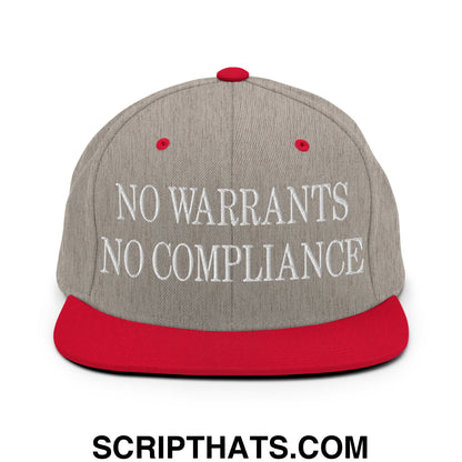 No Warrants No Compliance Embroidered Flat Bill Brim Snapback Hat Heather Grey Red