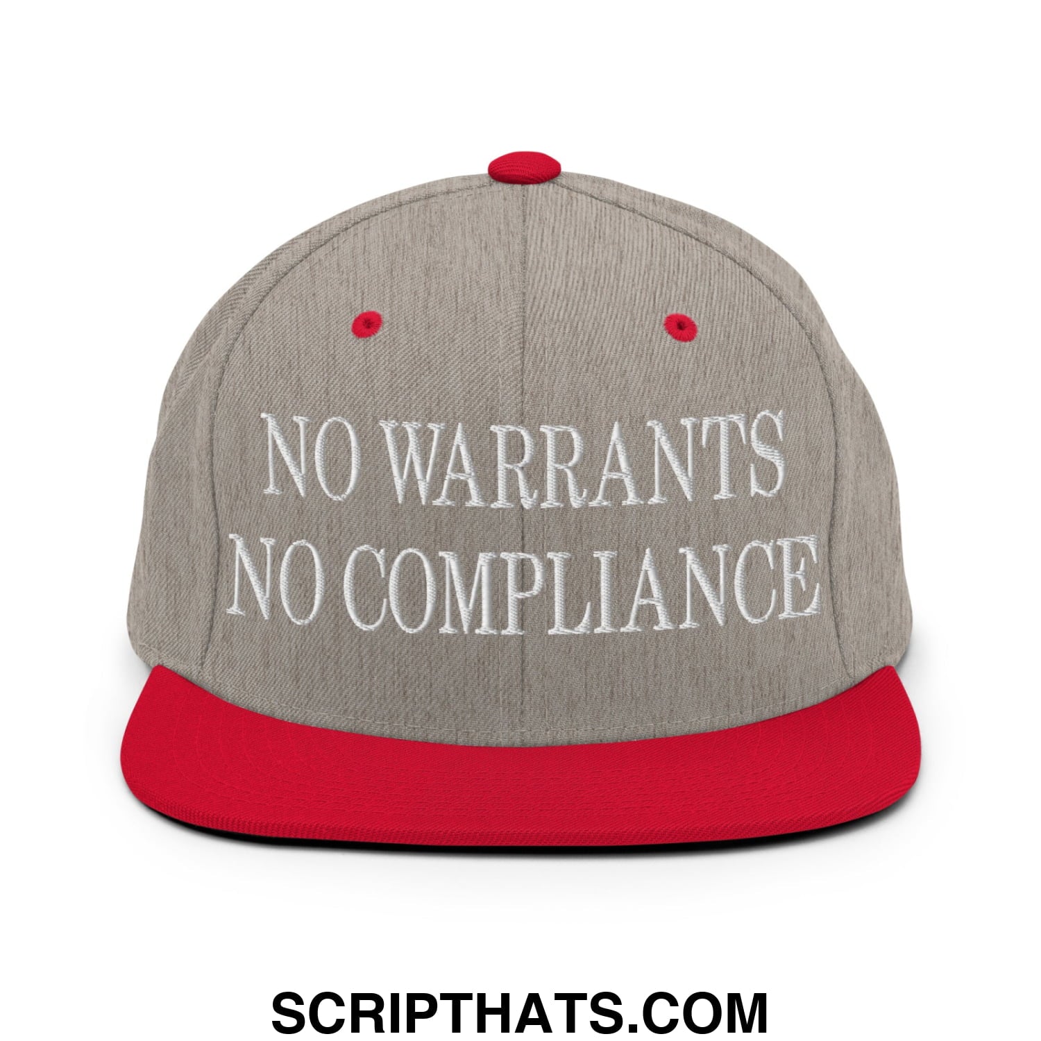 Gray and red snapback hat with flat bill and white embroidered no warrants no compliance text on front