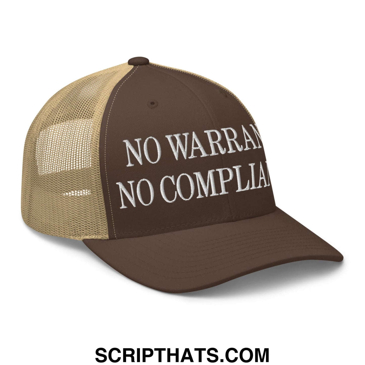 Brown and tan mesh trucker hat with white embroidered no warranty no complaints text front design