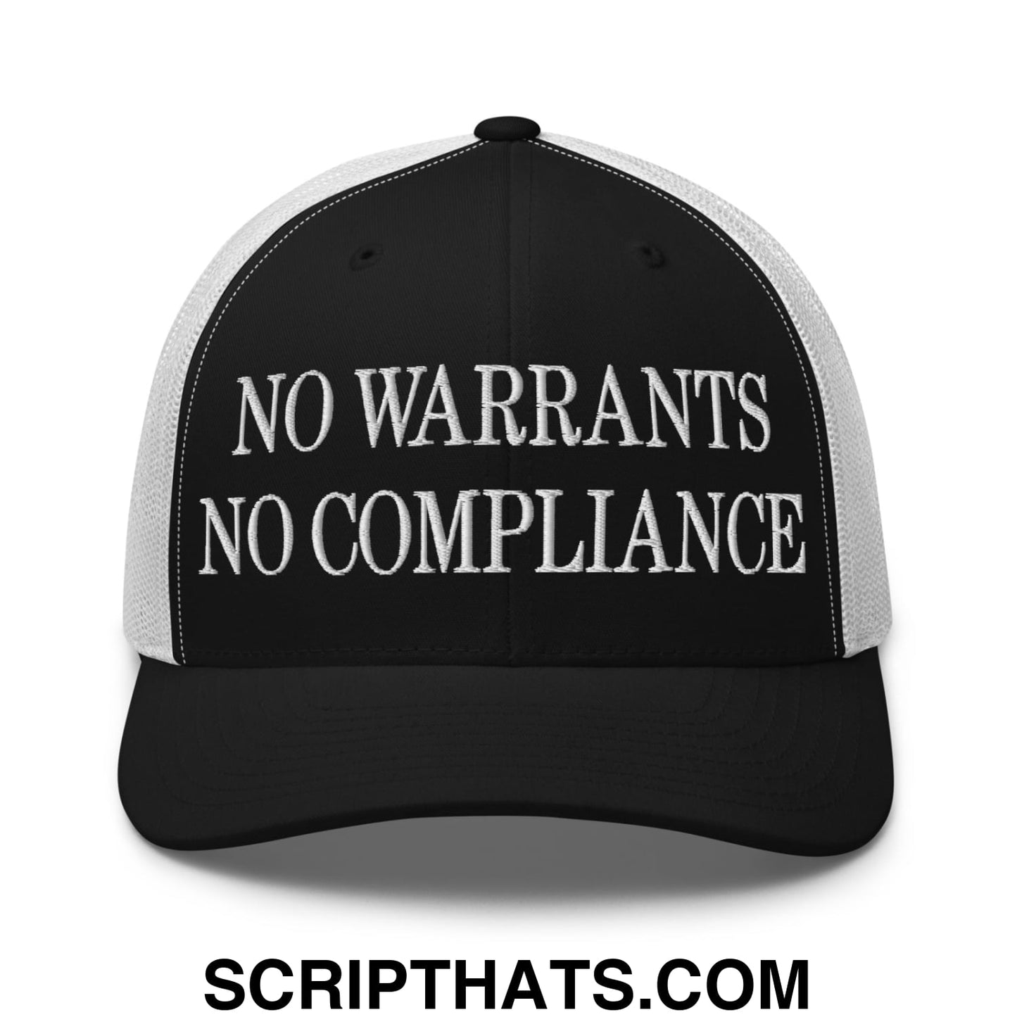 No Warrants No Compliance Embroidered Mesh Trucker Hat Black White