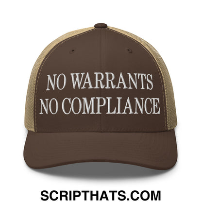 No Warrants No Compliance Embroidered Mesh Trucker Hat Brown Khaki