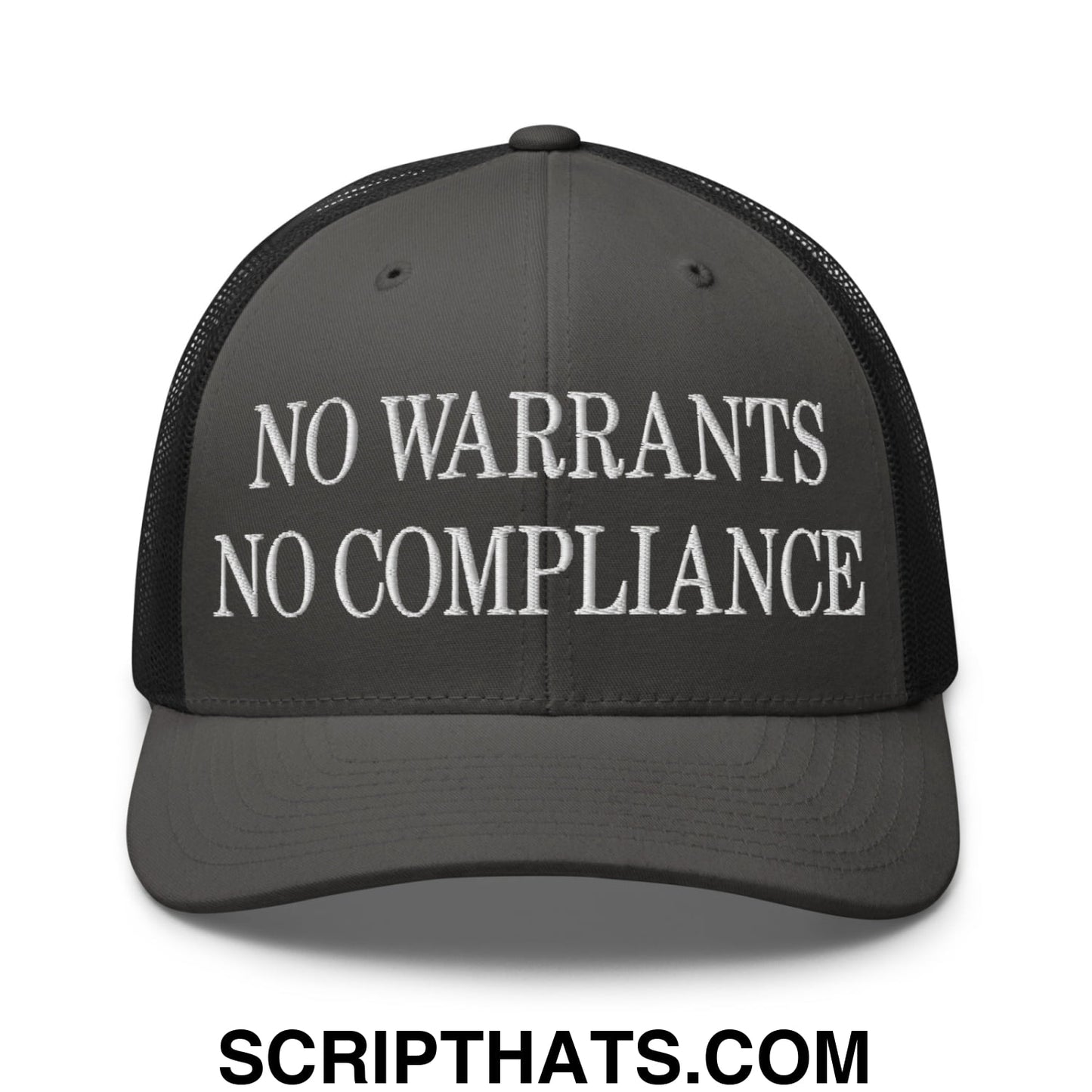 No Warrants No Compliance Embroidered Mesh Trucker Hat Charcoal Black