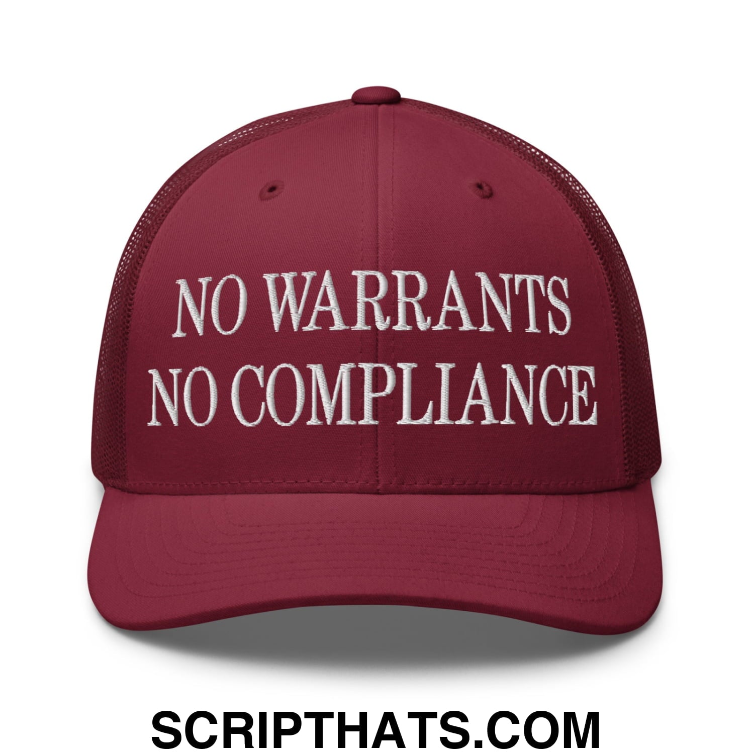 No Warrants No Compliance Embroidered Mesh Trucker Hat Cranberry