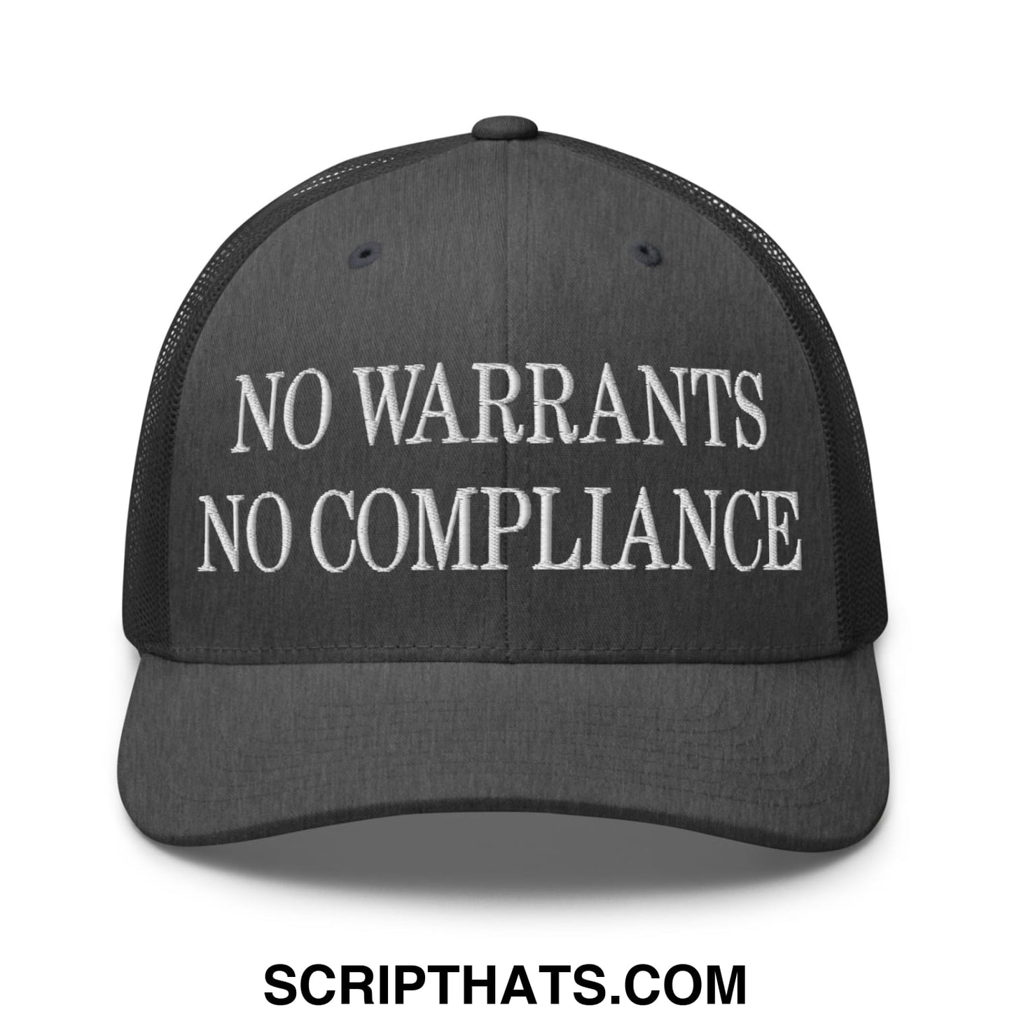 Black mesh trucker hat with white embroidered text no warrants no compliance across the front panel