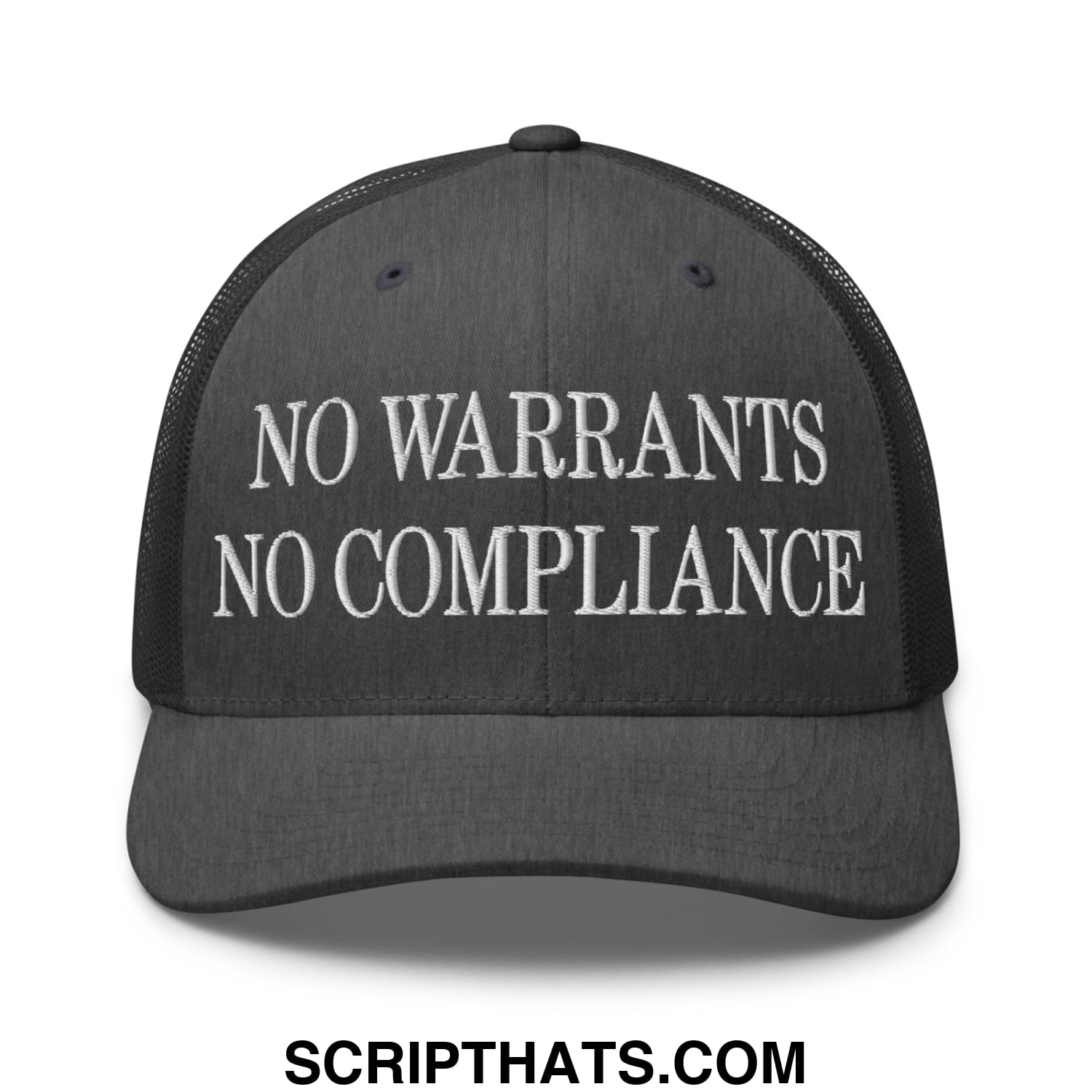 Black mesh trucker hat with white embroidered text no warrants no compliance across the front panel