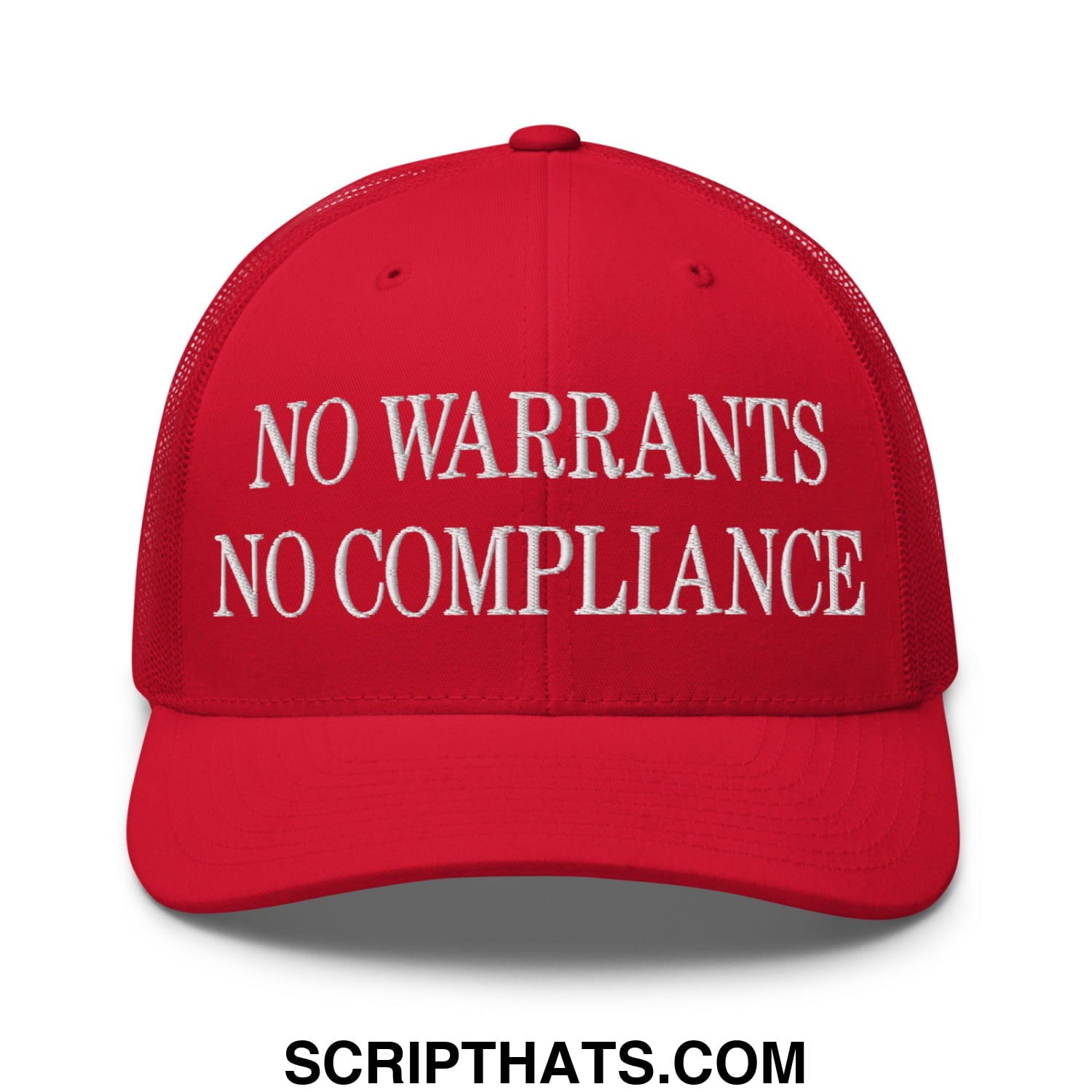 Red mesh trucker hat with white embroidered no warrants no compliance text on front panel for casual wear