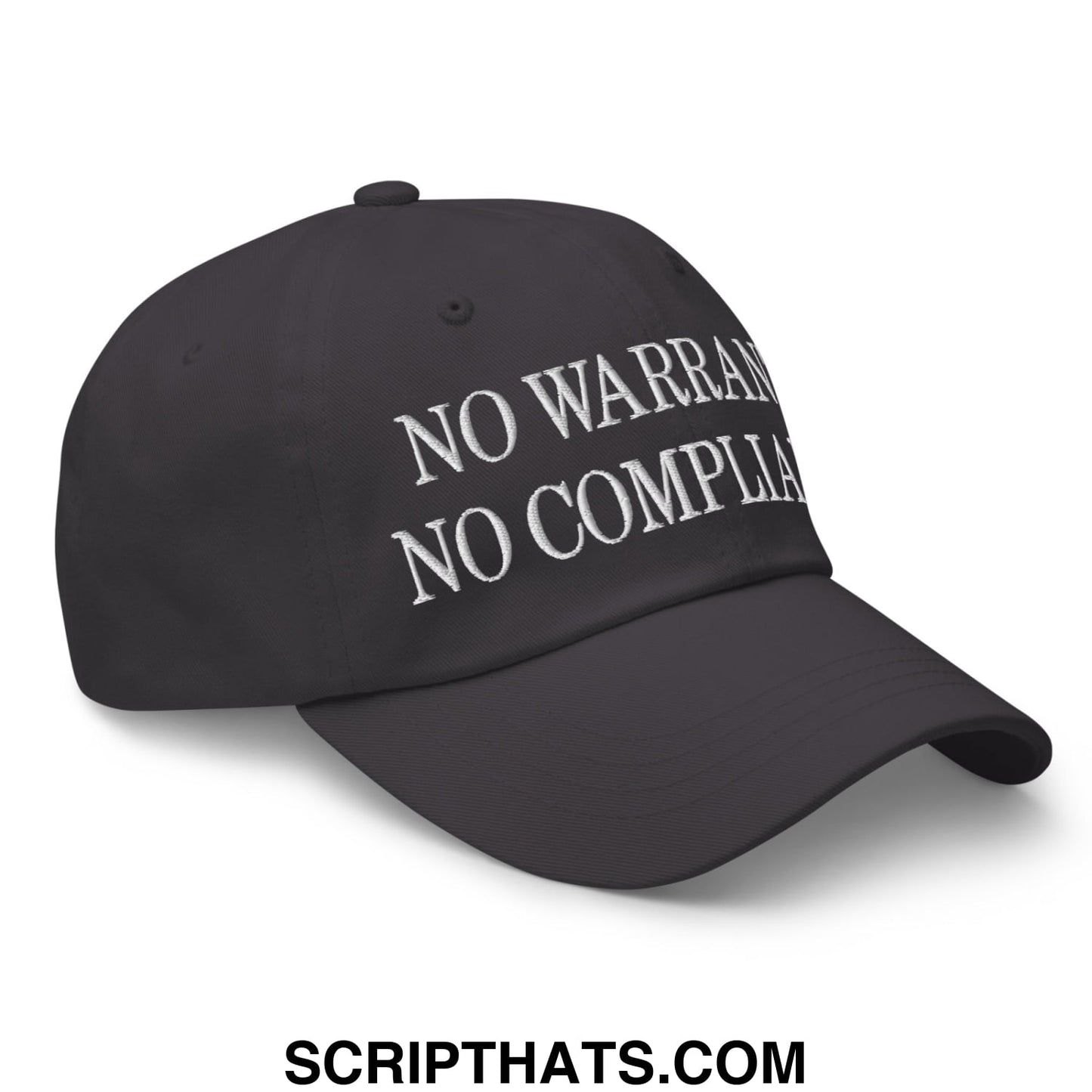 Black unstructured dad hat with white embroidered no warranty no complaints text for casual wear