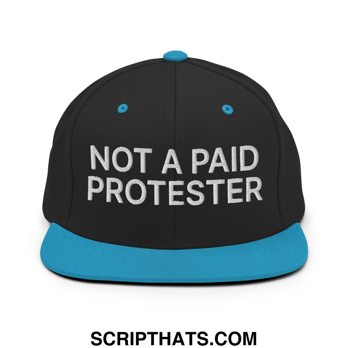 Not a Paid Protester Embroidered Flat Bill Brim Snapback Hat Black Teal