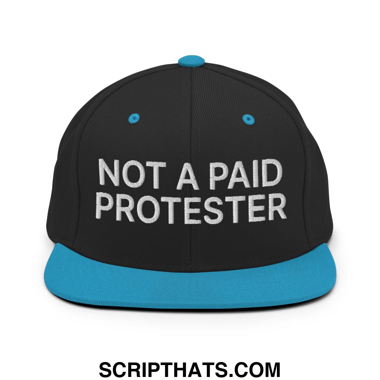 Not a Paid Protester Embroidered Flat Bill Brim Snapback Hat Black Teal