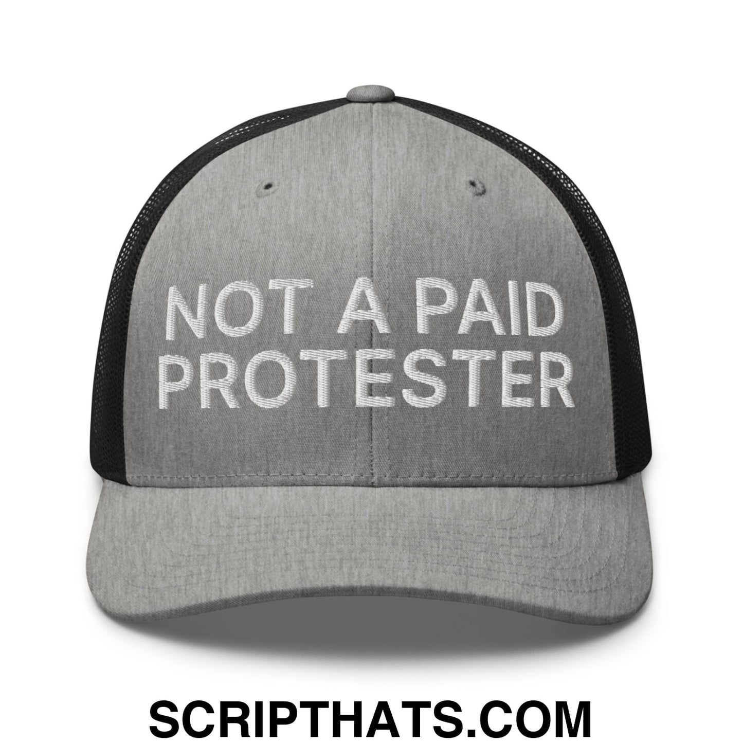 Not a Paid Protester Embroidered Mesh Trucker Hat Heather Black