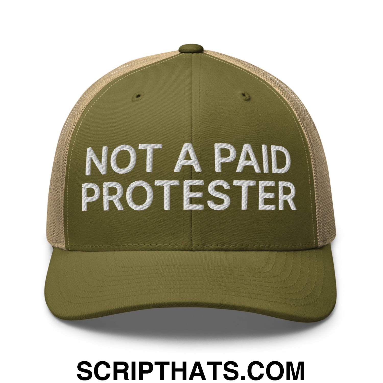 Not a Paid Protester Embroidered Mesh Trucker Hat Moss Khaki