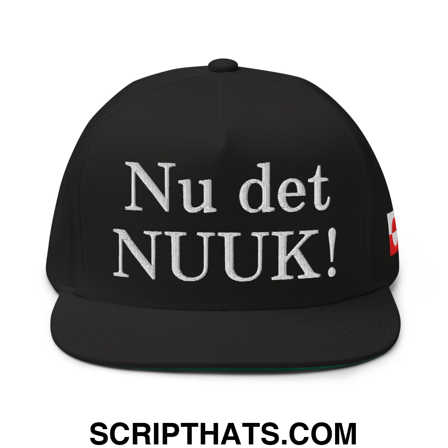 Nu det NUUK! Greenland Flag Embroidered Flat Bill Brim 5 Panel Snapback Hat Black