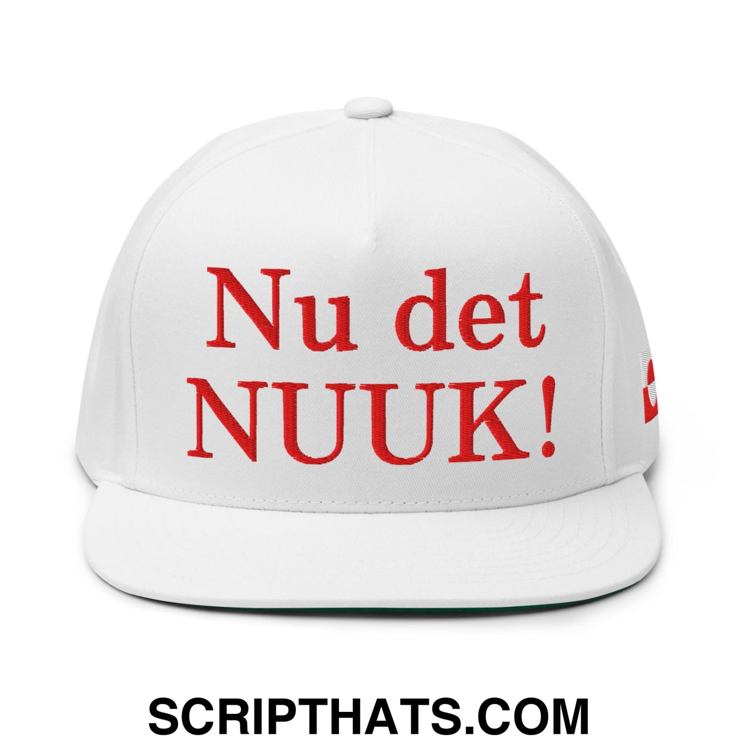 Nu det NUUK! Greenland Flag Embroidered Flat Bill Brim 5 Panel Snapback Hat White