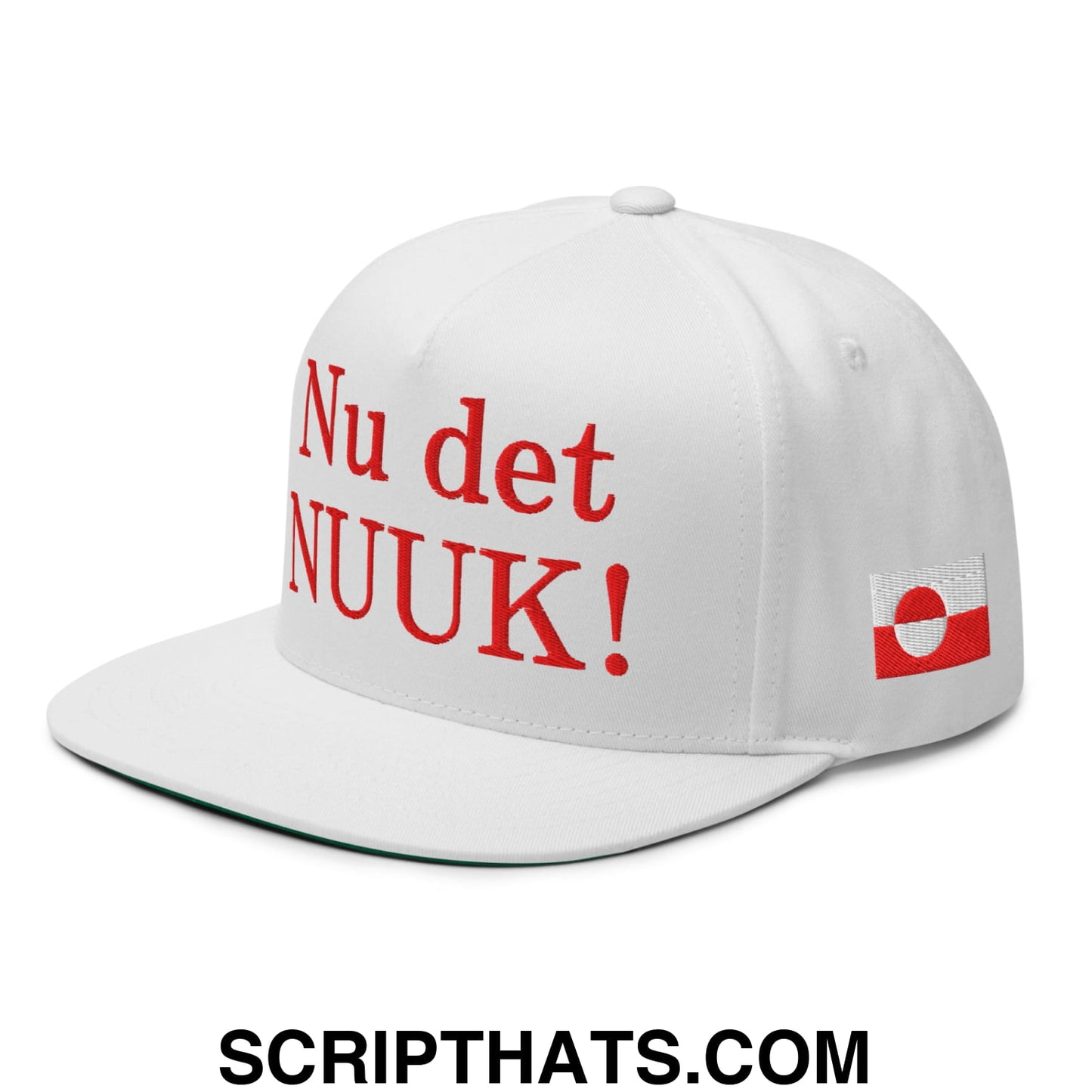 Nu det NUUK! Greenland Flag Embroidered Flat Bill Brim 5 Panel Snapback Hat White