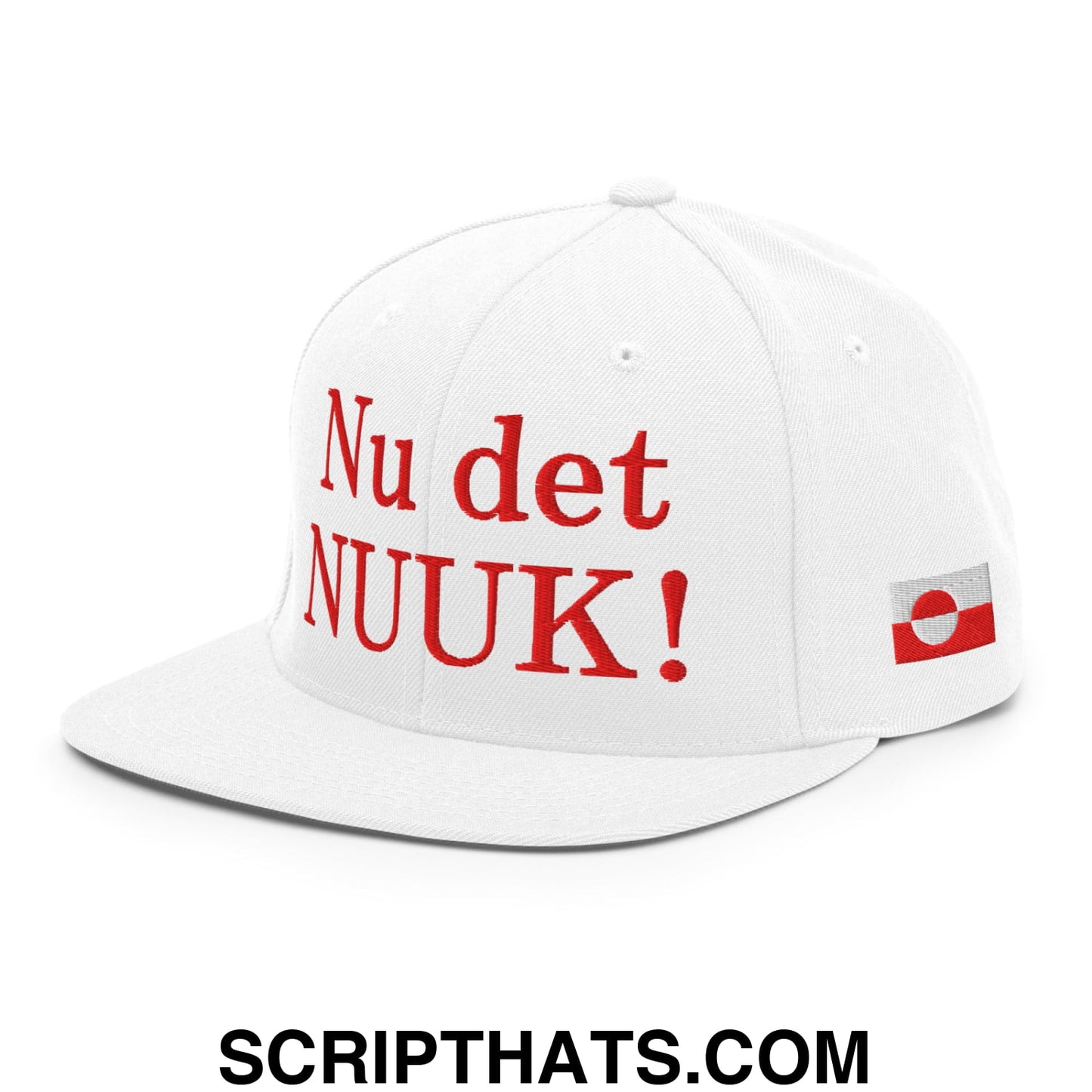 Nu det NUUK! Greenland Flag Embroidered Flat Bill Brim Snapback Hat White