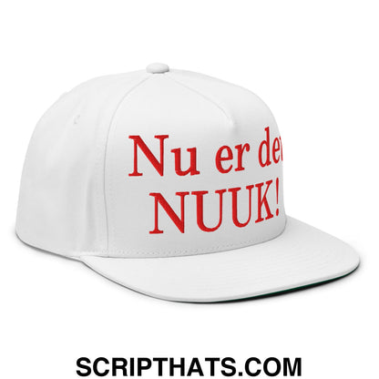 Nu er det NUUK! Greenland Flag Embroidered Flat Bill Brim 5 Panel Snapback Hat White