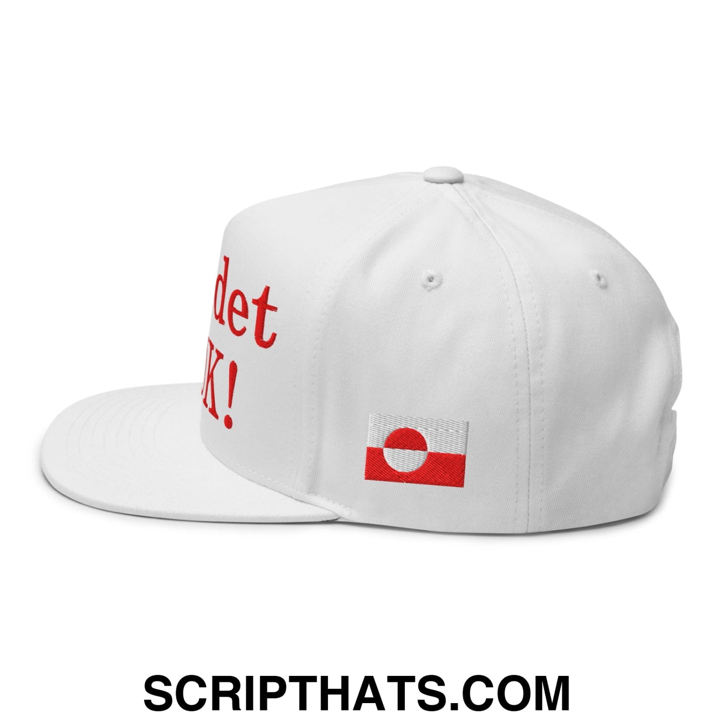 Nu er det NUUK! Greenland Flag Embroidered Flat Bill Brim 5 Panel Snapback Hat White