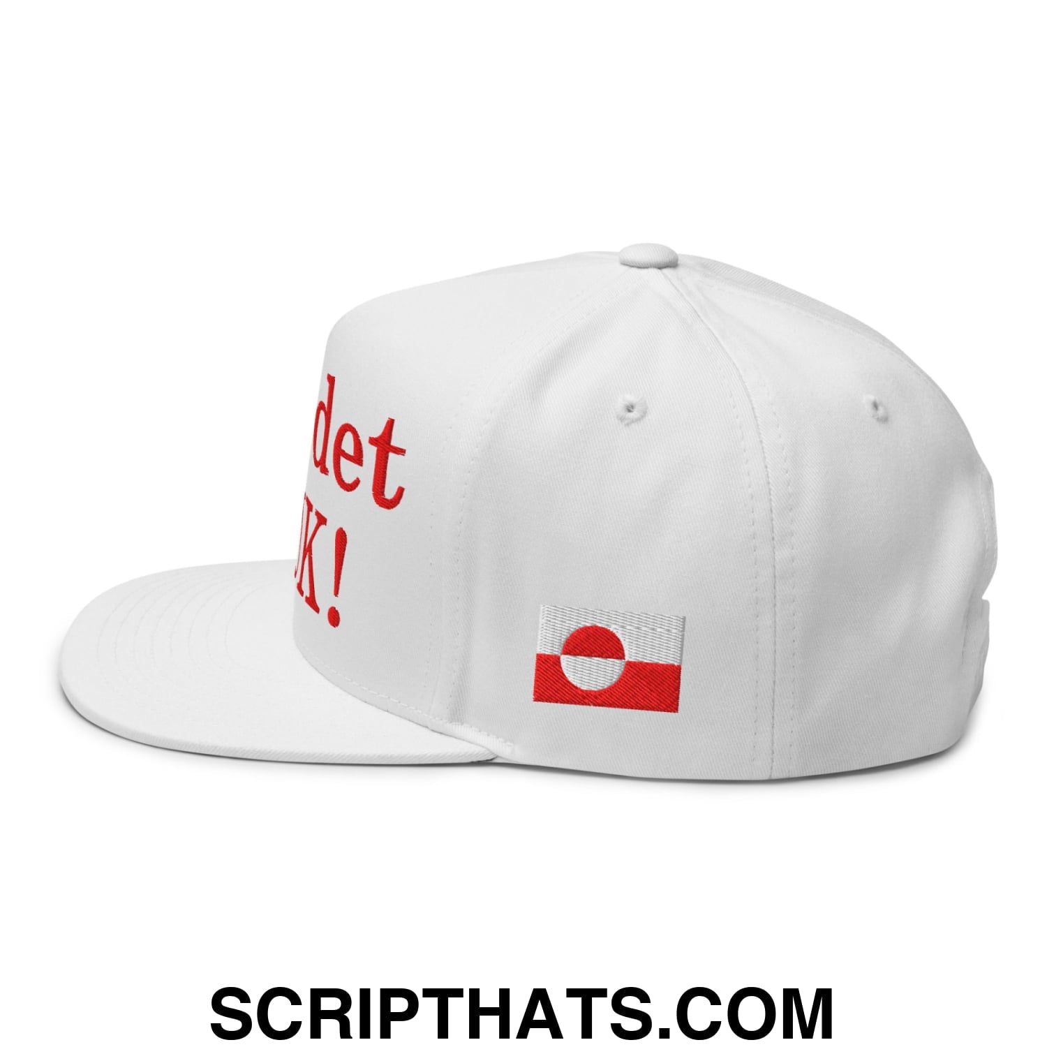 Nu er det NUUK! Greenland Flag Embroidered Flat Bill Brim 5 Panel Snapback Hat White