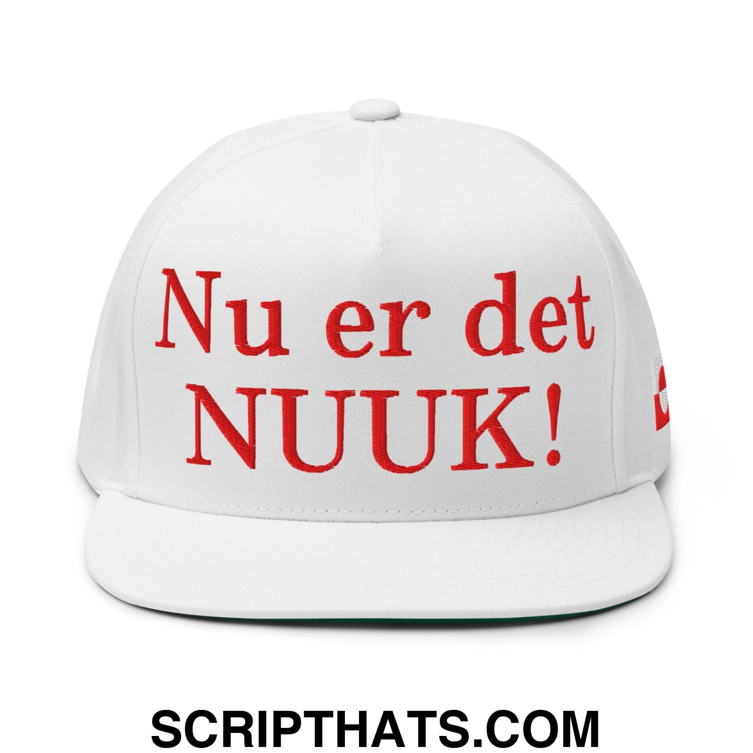 Nu er det NUUK! Greenland Flag Embroidered Flat Bill Brim 5 Panel Snapback Hat White