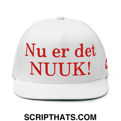 Nu er det NUUK! Greenland Flag Embroidered Flat Bill Brim 5 Panel Snapback Hat White