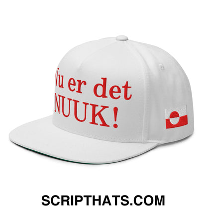 Nu er det NUUK! Greenland Flag Embroidered Flat Bill Brim 5 Panel Snapback Hat White