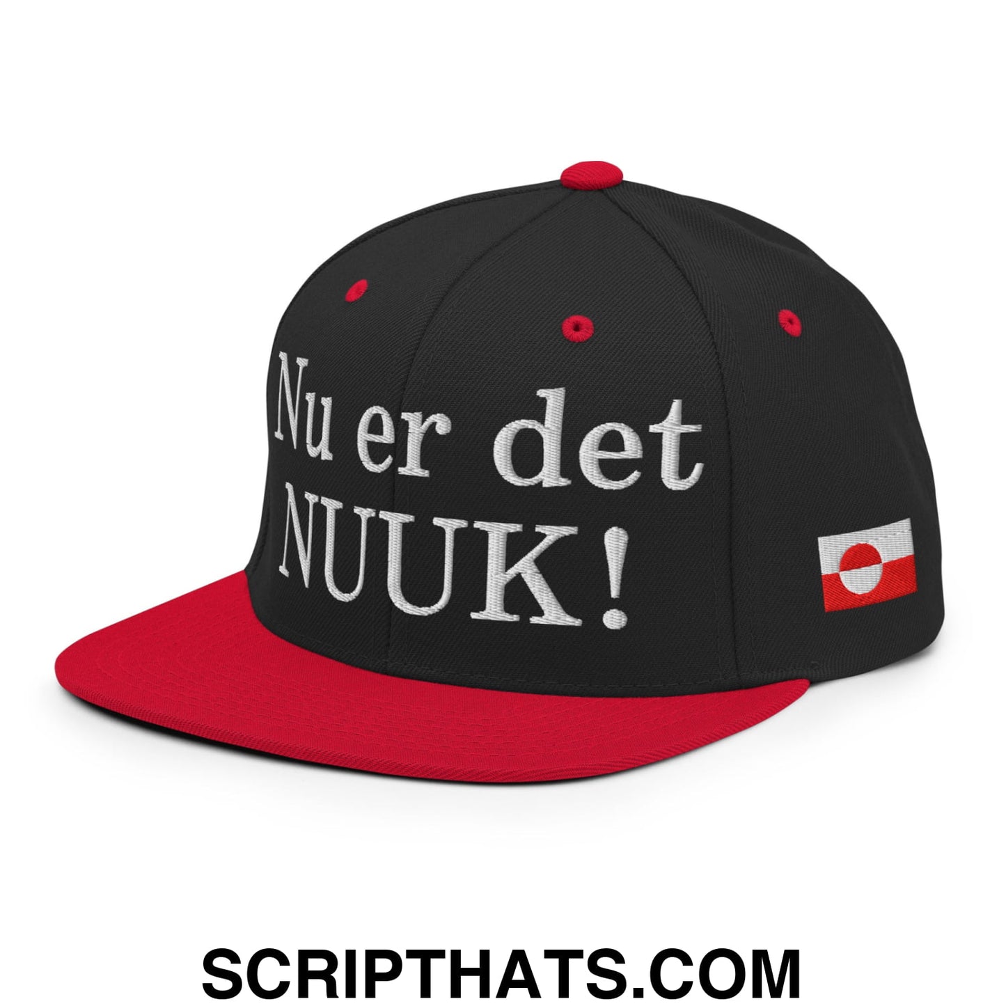 Nu er det NUUK! Greenland Flag Embroidered Flat Bill Brim Snapback Hat Black Red