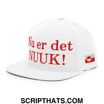 Nu er det NUUK! Greenland Flag Embroidered Flat Bill Brim Snapback Hat White