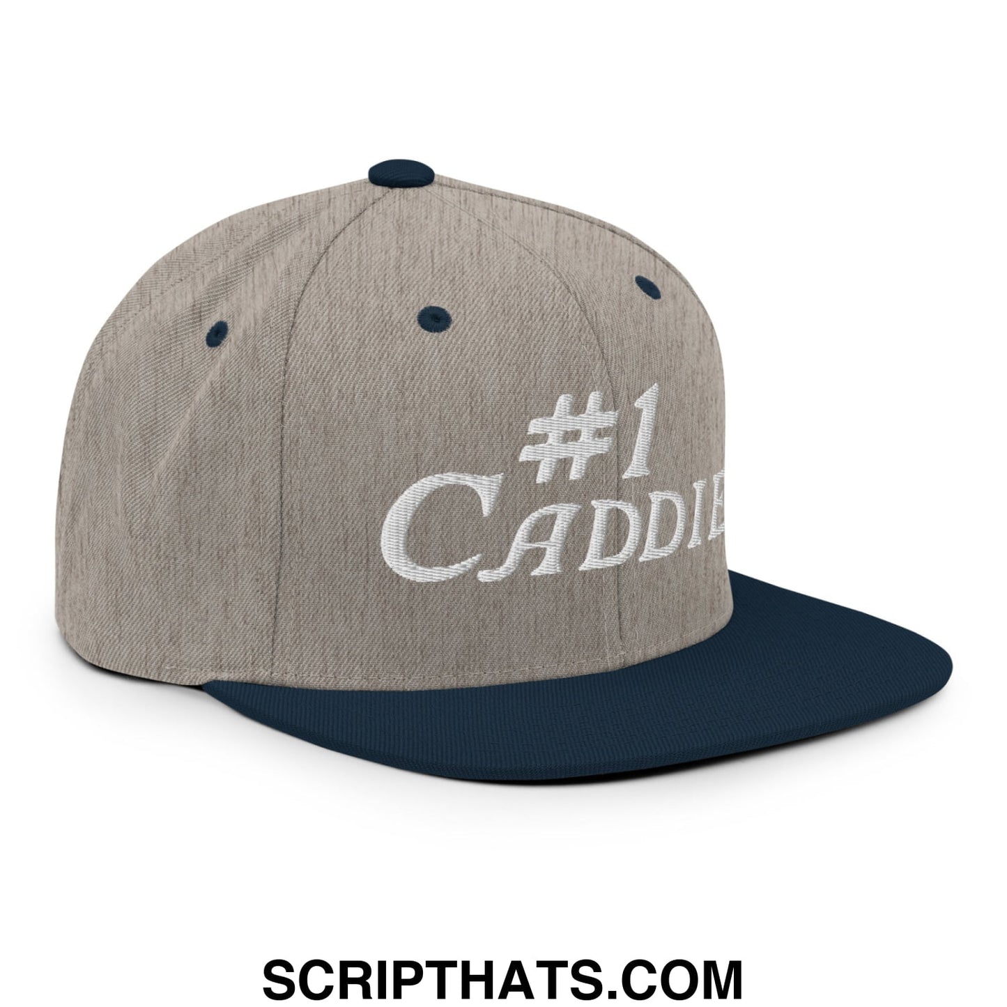 Number 1 Caddie Embroidered Flat Bill Brim Snapback Hat Heather Grey Navy