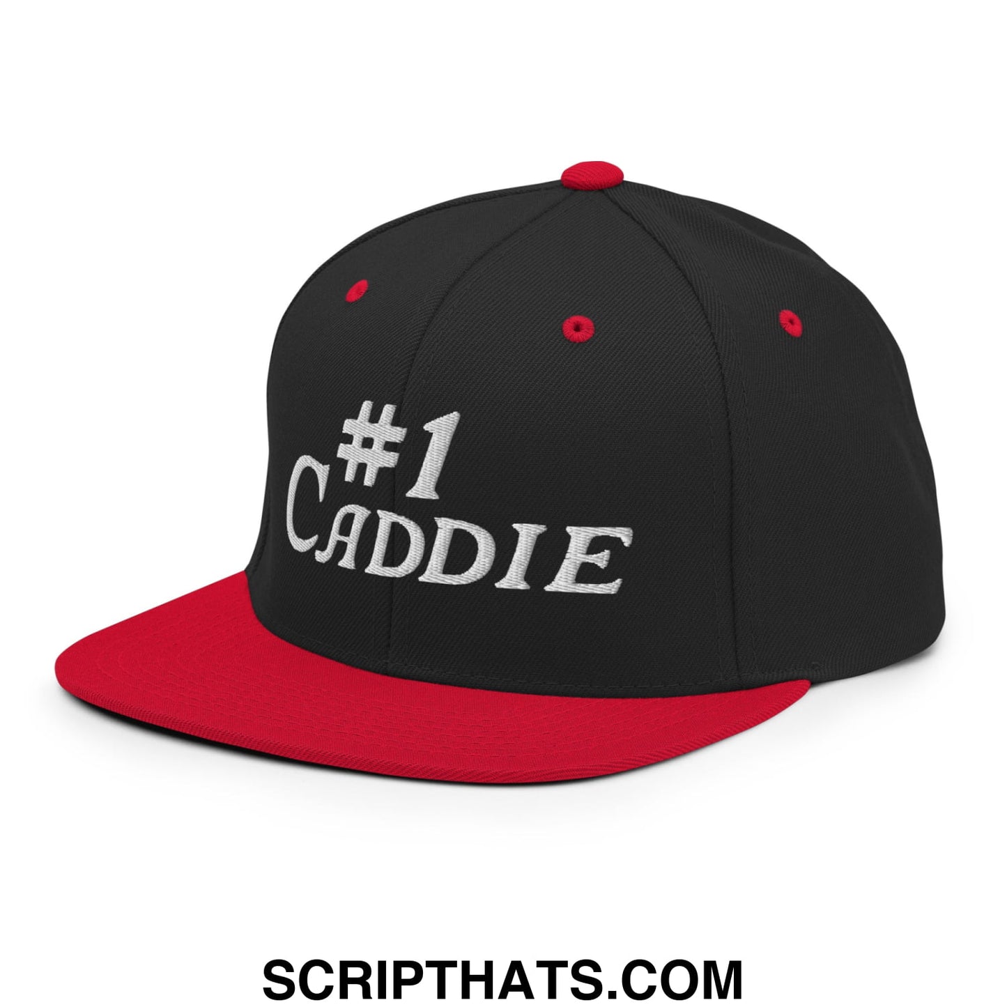 Number 1 Caddie Embroidered Flat Bill Brim Snapback Hat Black Red