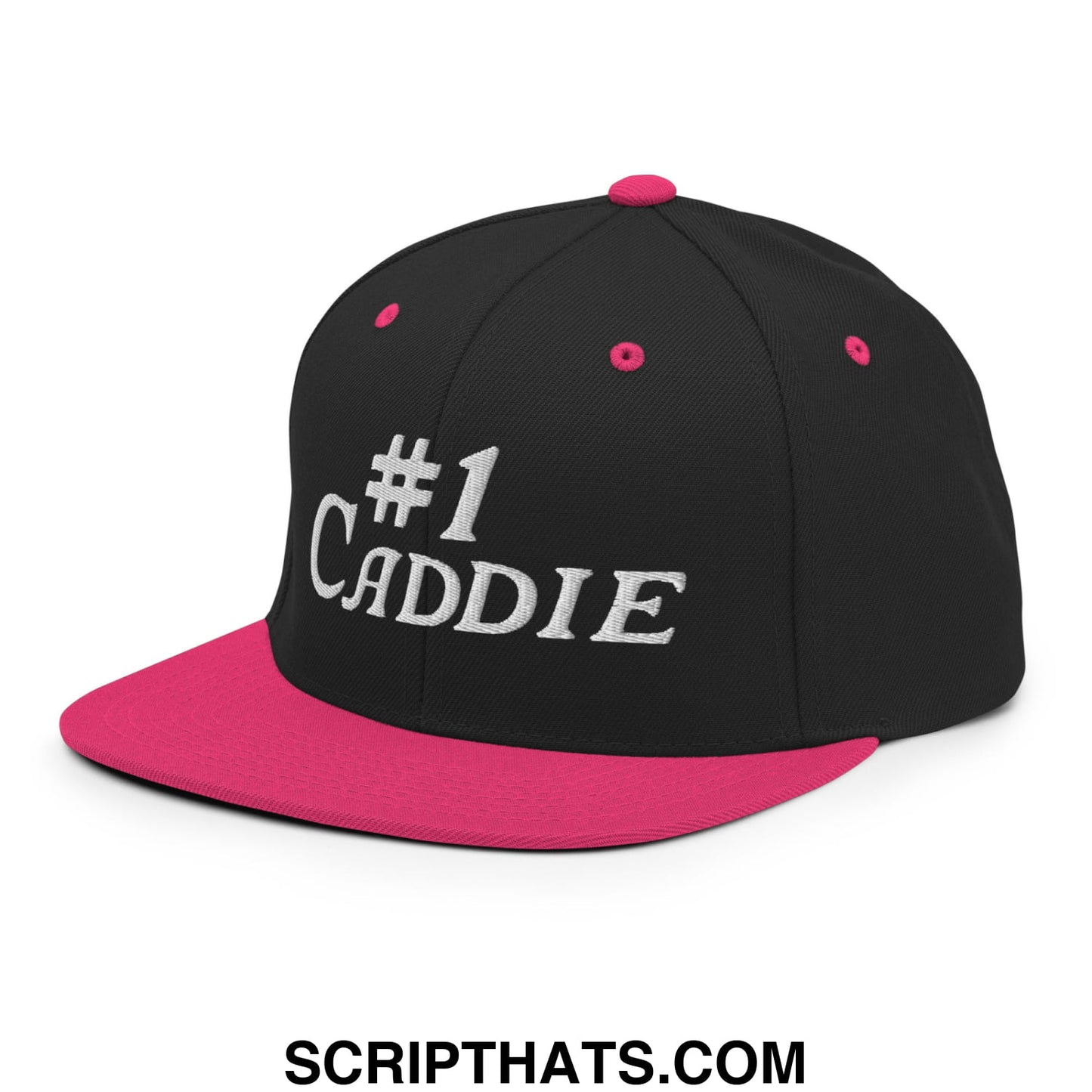 Number 1 Caddie Embroidered Flat Bill Brim Snapback Hat Black Neon Pink