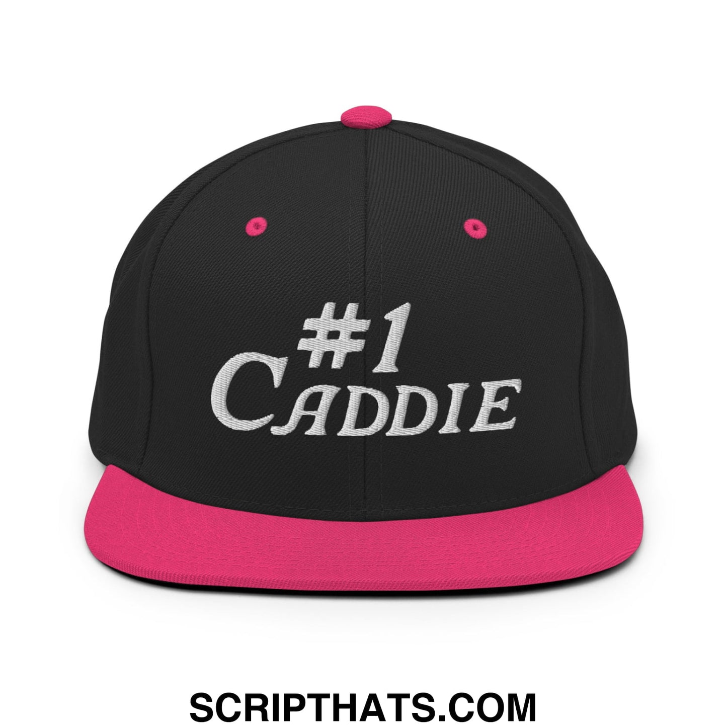 Number 1 Caddie Embroidered Flat Bill Brim Snapback Hat Black Neon Pink