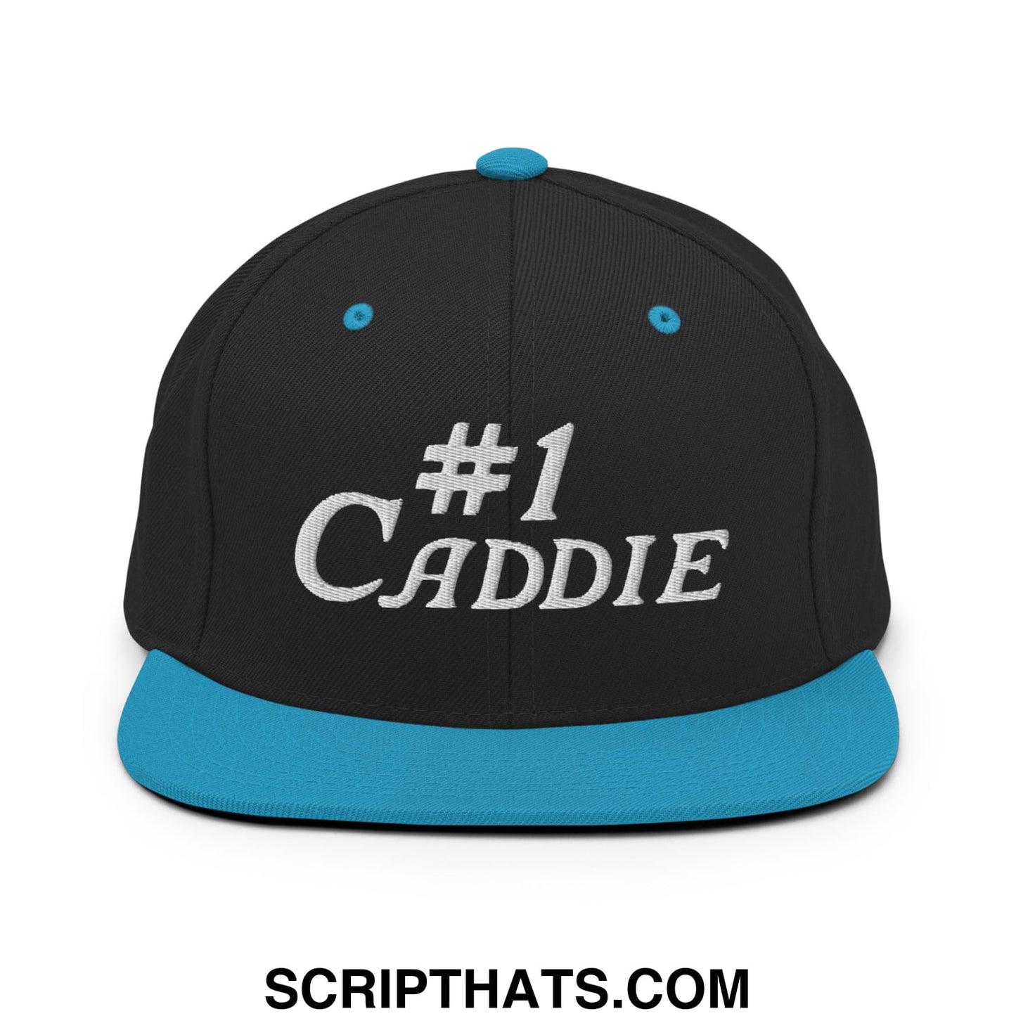 Number 1 Caddie Embroidered Flat Bill Brim Snapback Hat Black Teal