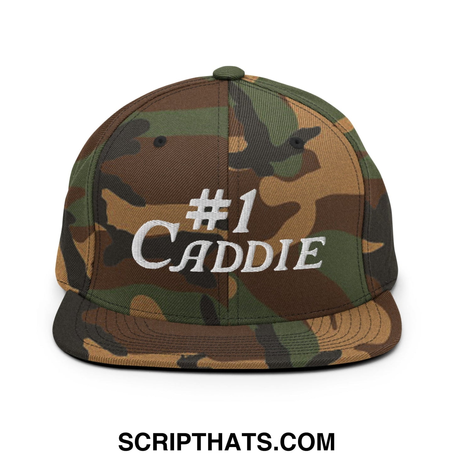 Number 1 Caddie Embroidered Flat Bill Brim Snapback Hat Green Camo
