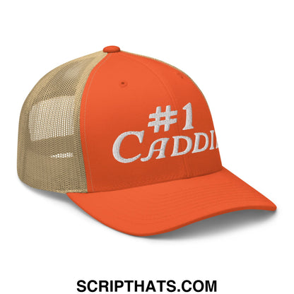 Orange and tan mesh trucker hat with white embroidered number 1 caddy text on the front panel
