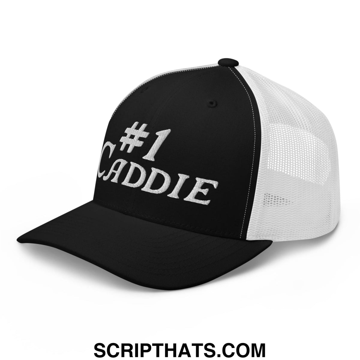 Black and white mesh trucker hat with number 1 caddie embroidered in silver thread on front panel