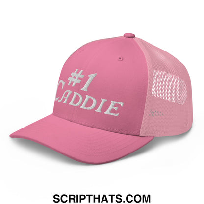 Pink mesh trucker hat with white embroidered number 1 caddie text on the front for golf enthusiasts