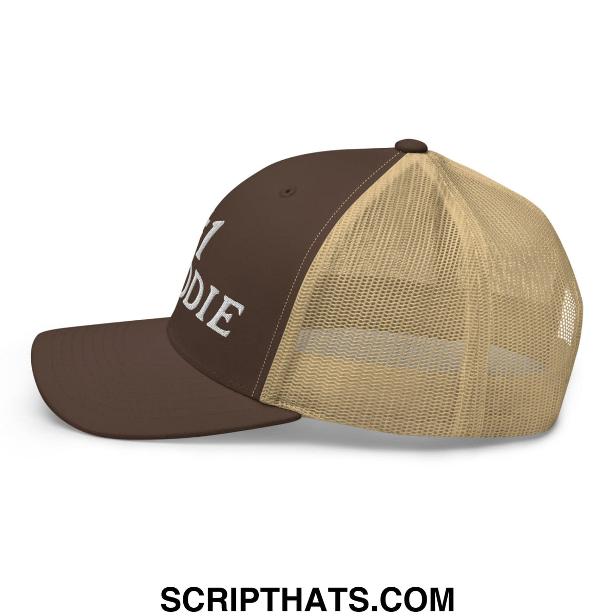 Brown and tan mesh trucker hat with white number 1 caddie embroidered text on the front