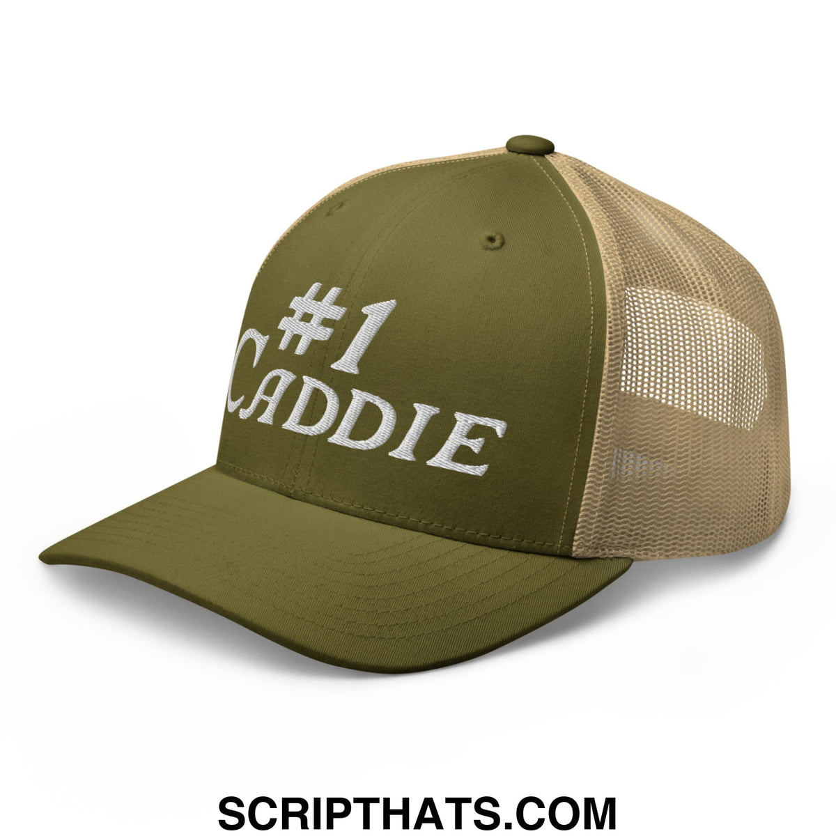 Olive green and tan mesh trucker hat with white embroidered number 1 caddie text for golf use