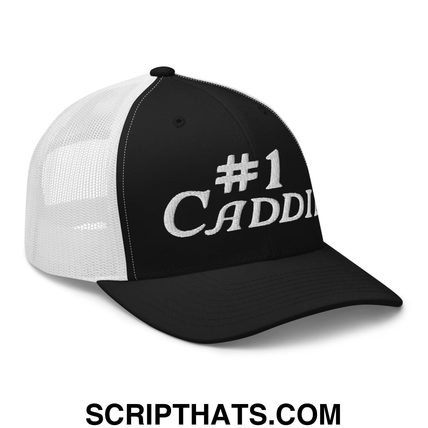Number 1 Caddie Embroidered Mesh Trucker Hat Black White