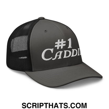 Number 1 Caddie Embroidered Mesh Trucker Hat Charcoal Black