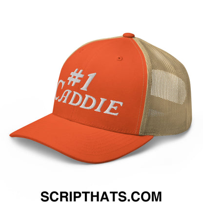 Number 1 Caddie Embroidered Mesh Trucker Hat Rustic Orange Khaki